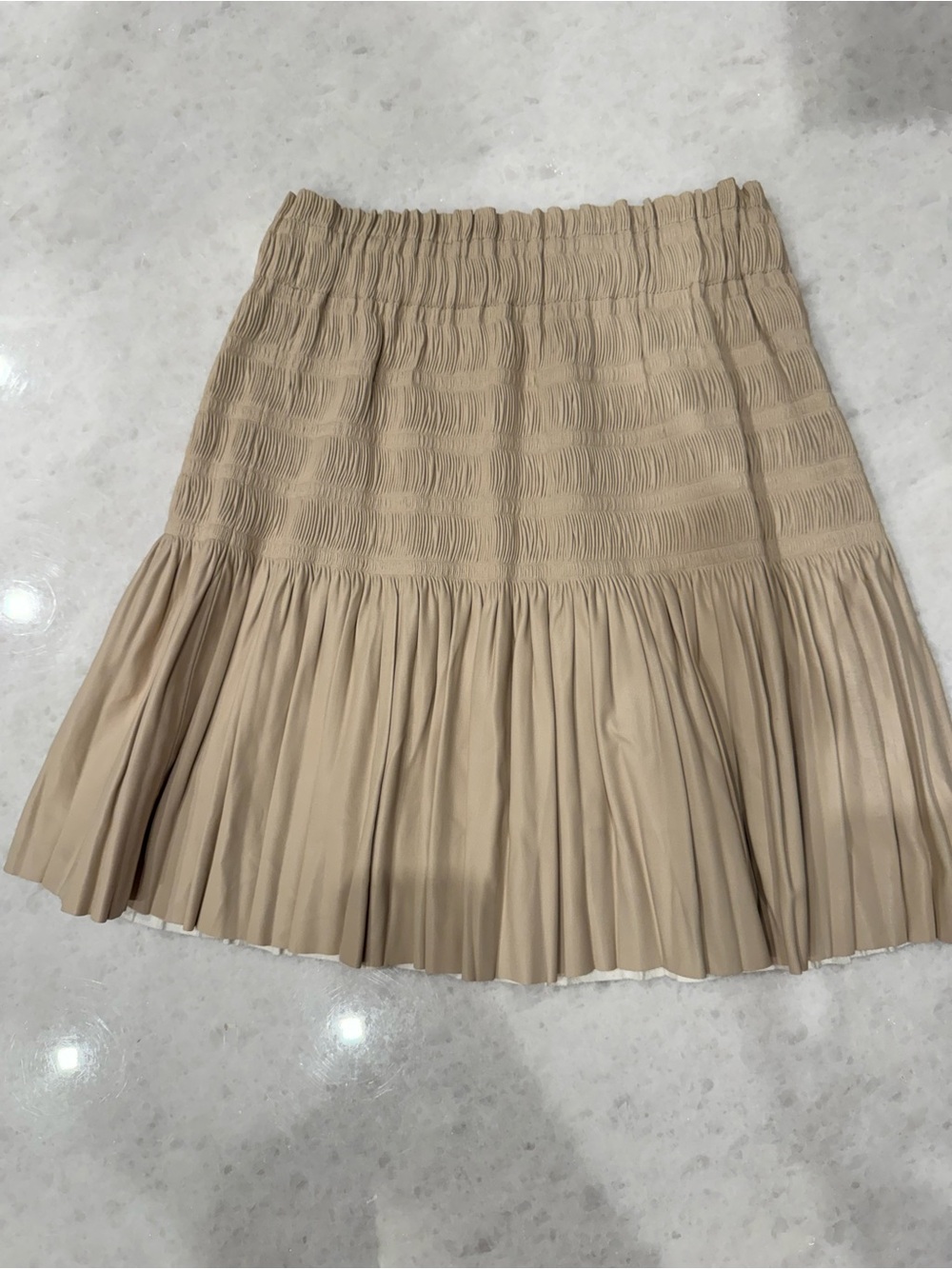 Zara Beige Smocked Waist Pleated Hem Mini Skirt